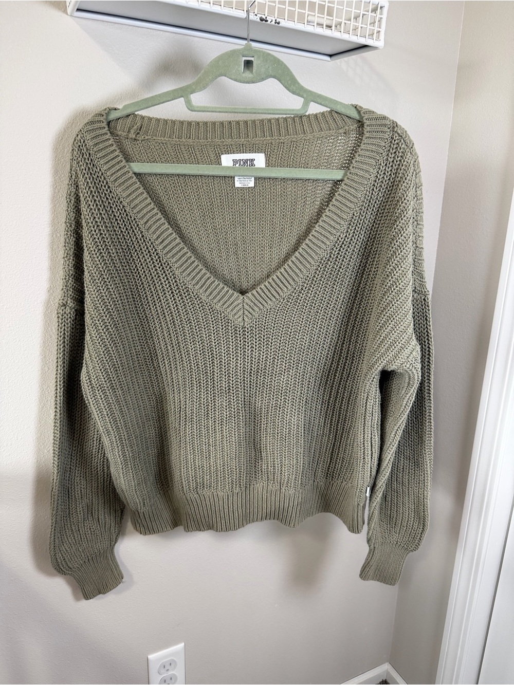 PINK Victoria's Secret Olive Green V-Neck Chunky Knit Sweater